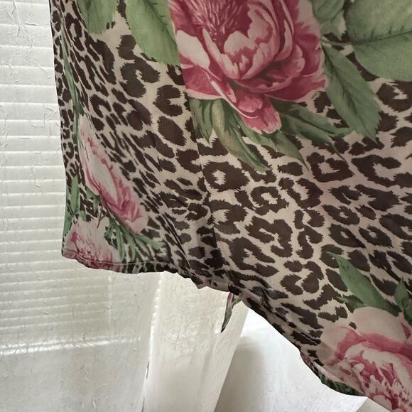 Guess M-L Brown Pink Animal Print Peony Floral Button Front Long Sleeve Blouse - Picture 6 of 13